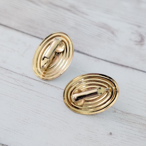 Vintage Clip On Earrings Unusual 1" Oval with Faux Pearl Trio Elegant Statement - Picture 5 of 6